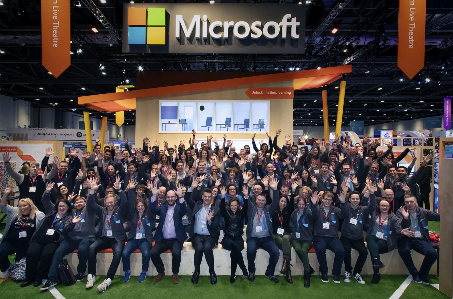 Image of a large group of people on the Microsoft stand at Bett