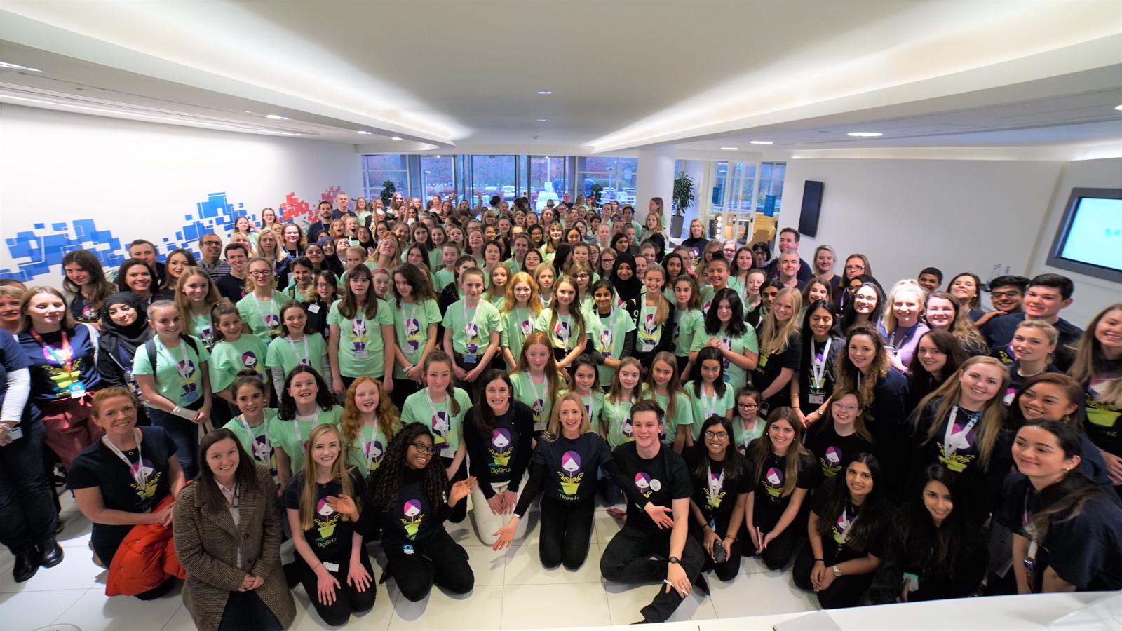 Image of a large group of people at the DigiGirlz event to encourage young girls to pursue STEM careers.