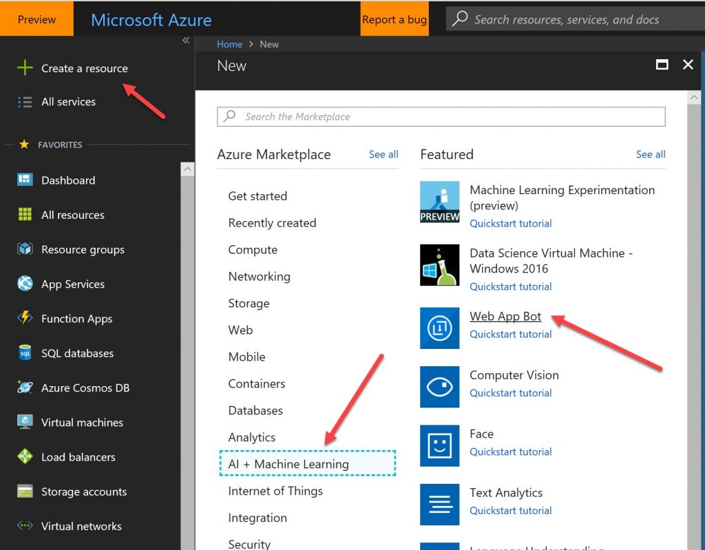 A screenshot of the Create a Resource menu in Microsoft Azure, with arrows pointing to the Web App Bot option.