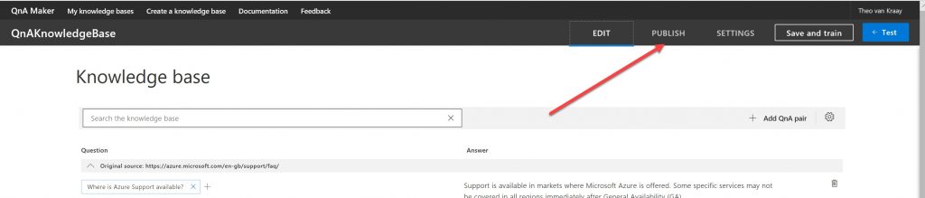 A screenshot highlighting the location of the Publish option for the Knowledge Base.