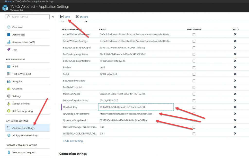 The application settings for the newly set-up web app bot.