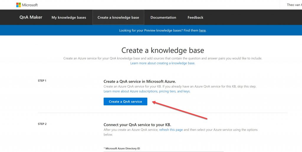 A screenshot showing where the 'Create a QnA Service' button is on the 'Create a knowledge base' section of the QnA website.