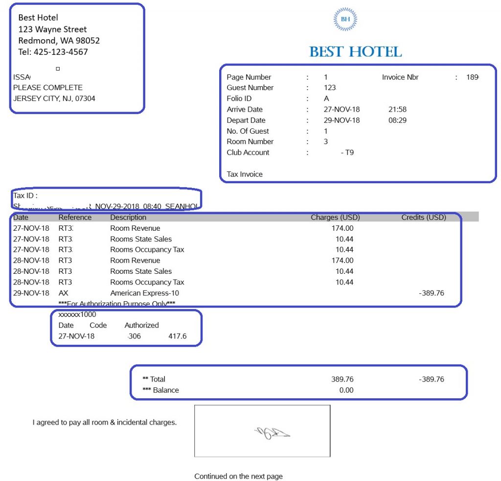 A mock invoice, with different areas of information that need processing highlighted.