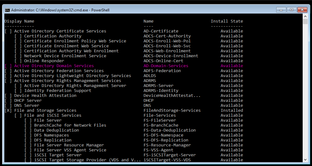 The Command Line showing Active Directory Domain Services, highlighted in pink.