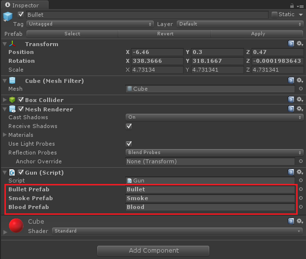 An image of the Unity 3D editor, highlighting the Bullet, Smoke and Blood prefab options.