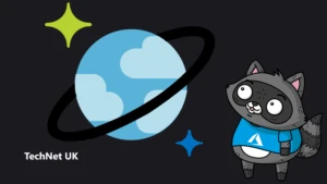 A Cosmos DB logo, next to an illustration of Bit the Raccoon.