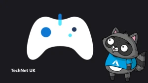 An illustration of a gaming controller, next to a picture of Bit the Raccoon.