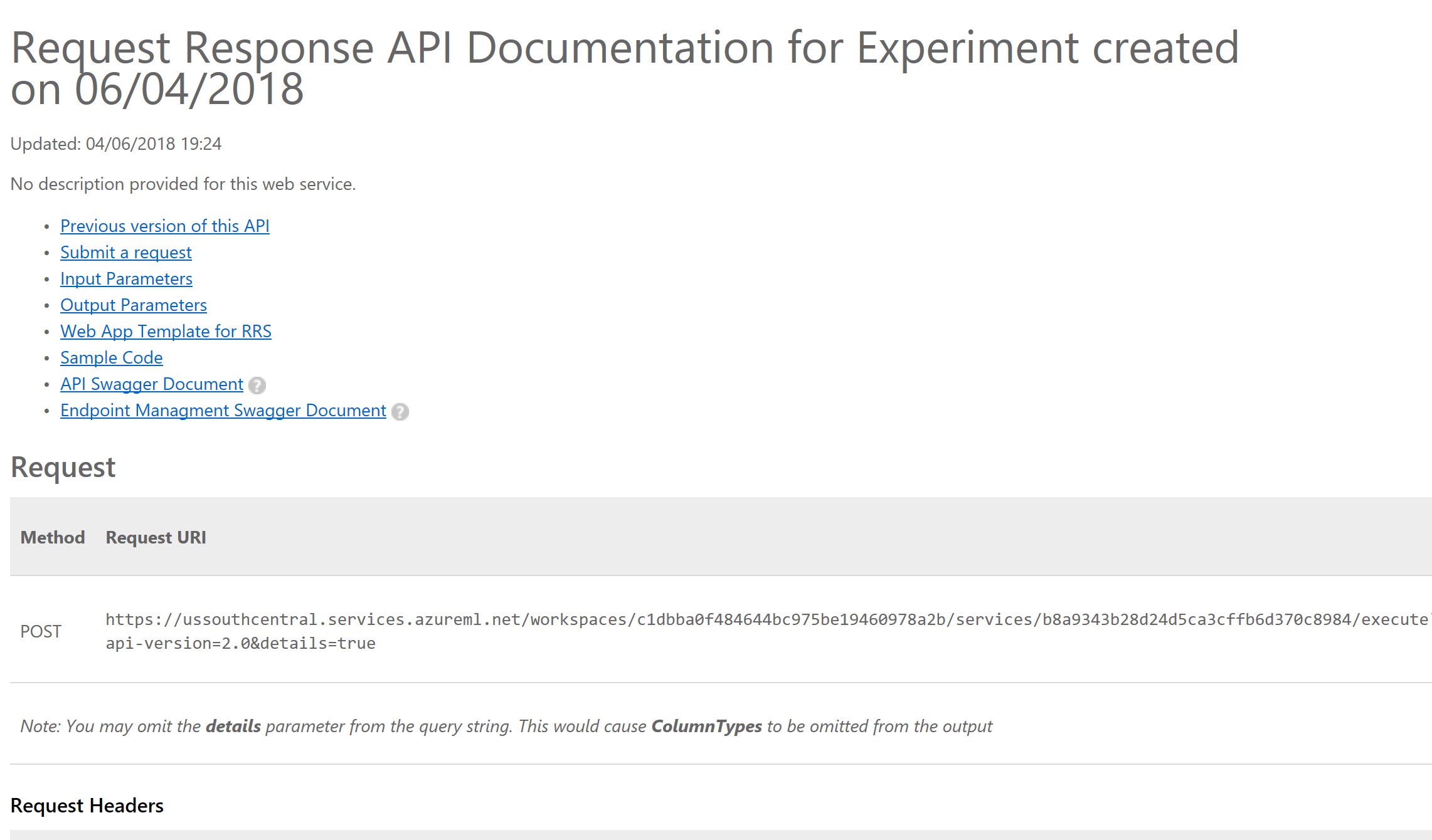 The information that appears when you click Request/Response