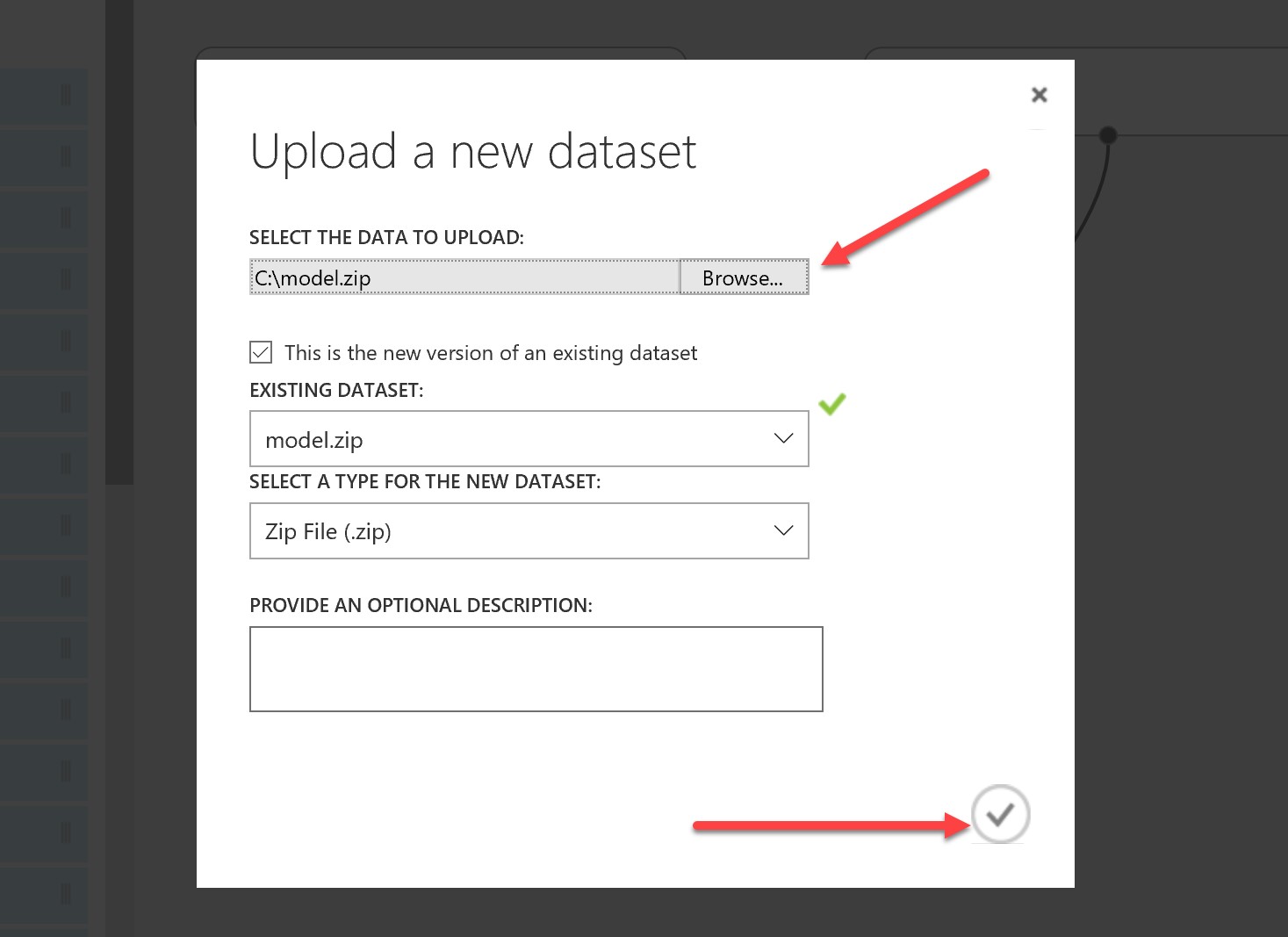Showing the upload process for the new dataset