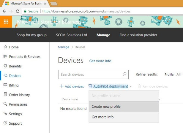 Create new profile highlighted on a screenshot of Microsoft Store for Business