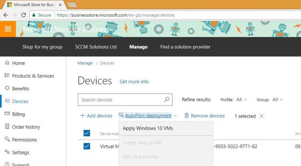 Autopilot deployment highlighted on a screenshot of Microsoft Store for Business