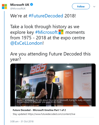 Tweet for Microsoft Future Decoded, featuring video with subtitles