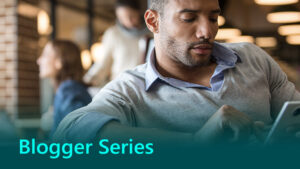 Blogger Series banner showing woman using her phone whilst drinking coffee