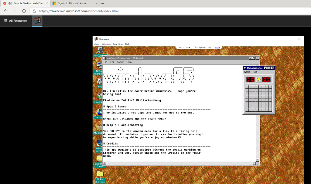 A screenshot showing Windows 95 running in the HTML5 client via Windows Virtual Desktop.
