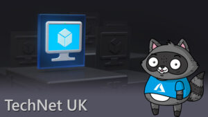 A 3D render of a computer screen displaying an object representing virtual machines, with a picture of Bit the Raccoon on the right.