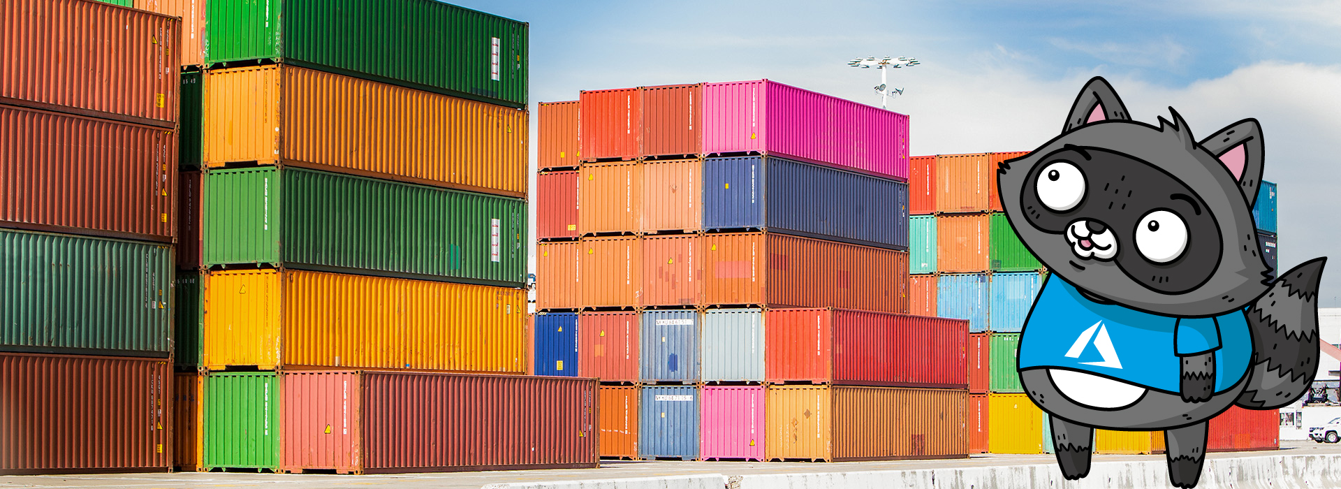 A photo of colourful shipping containers, next to a drawing of Bit the Raccoon.