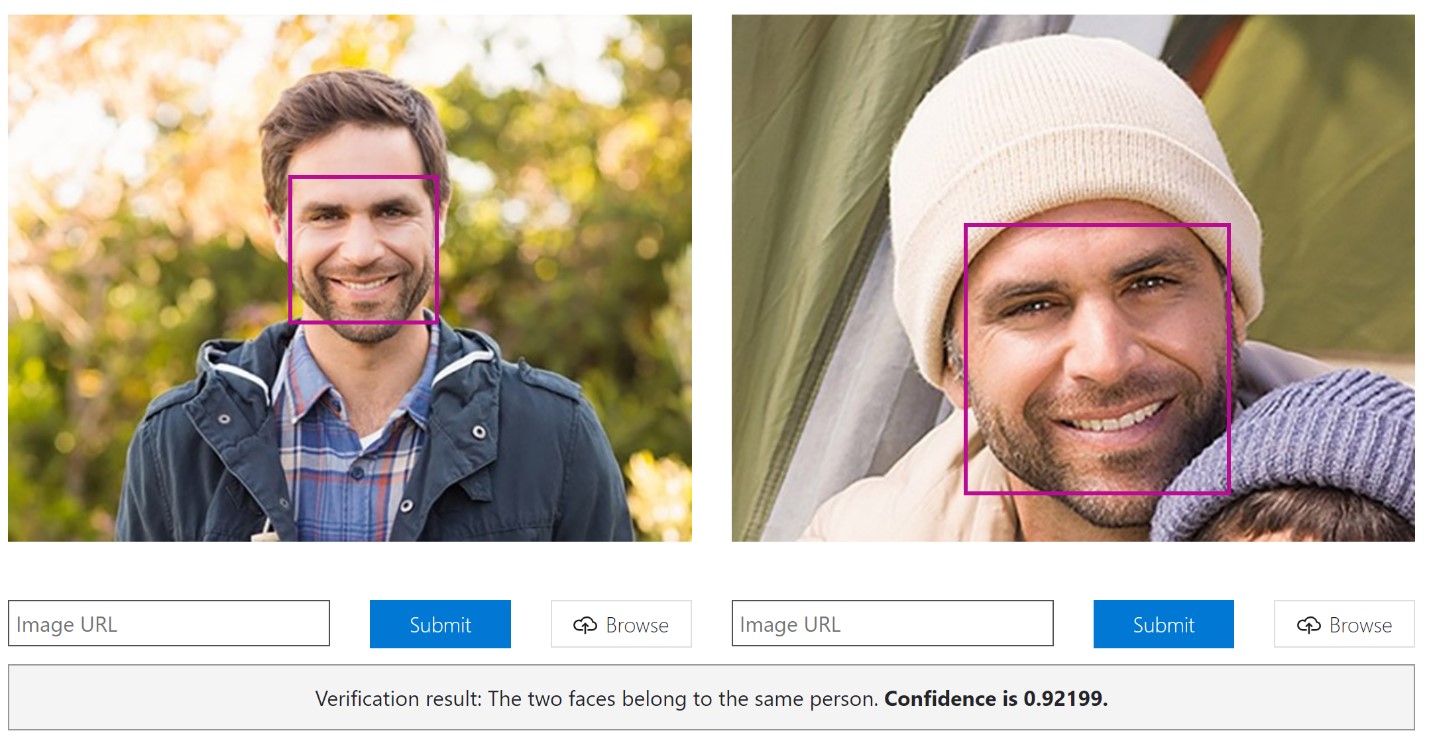 Machine learning comparing two photos of men with a confidence rating for determining whether they're the same person.