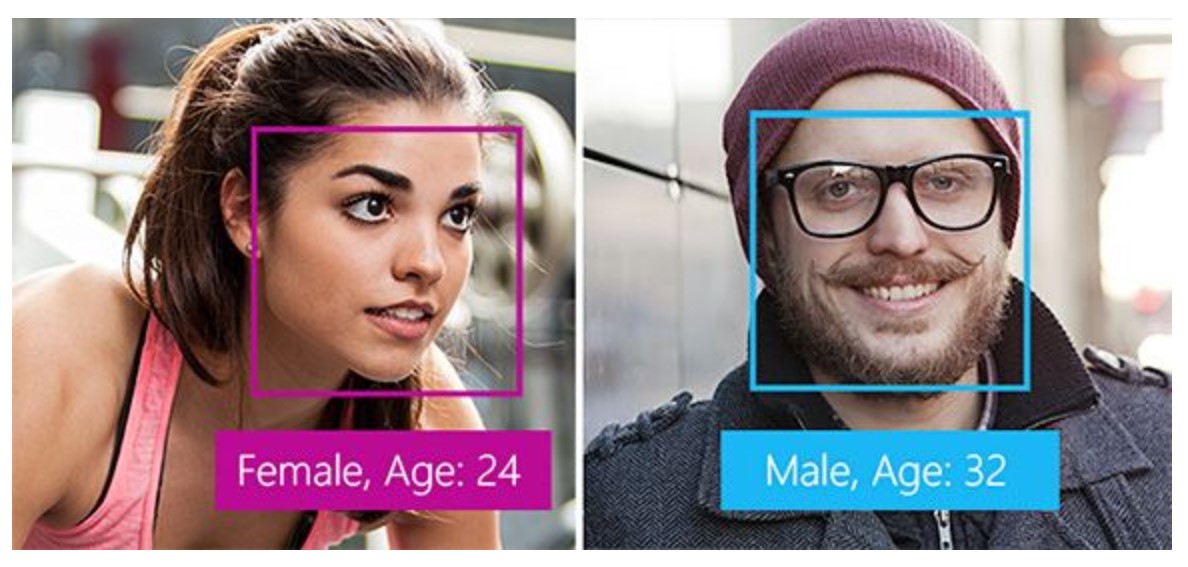 Facial recognition estimating the sex and age of two people in photos.