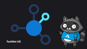 An illustration that represents AI, next to a drawing of Bit the Raccoon.