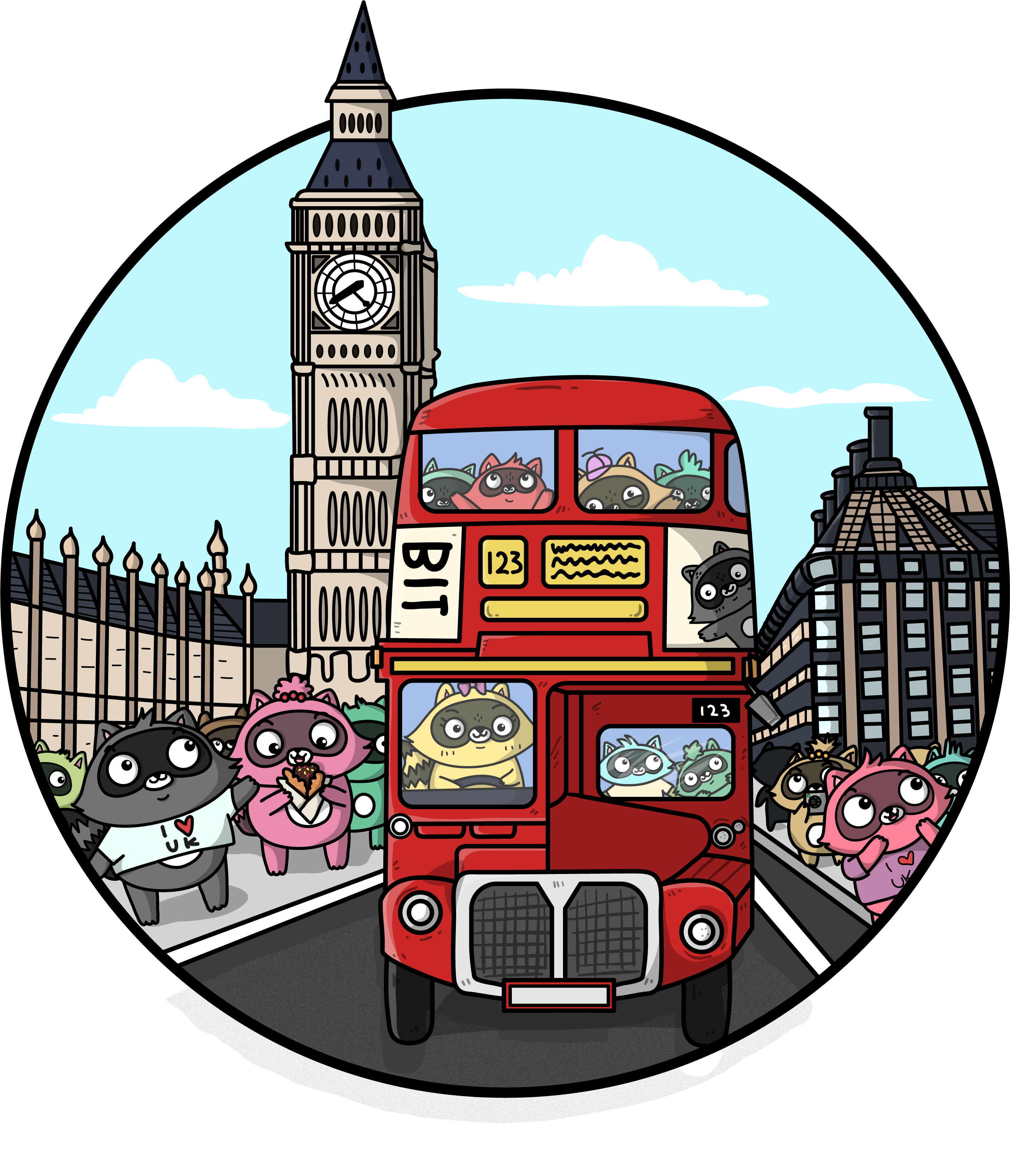 A drawing of Bit the Raccoon in London, featuring a red double decker bus and Big Ben.