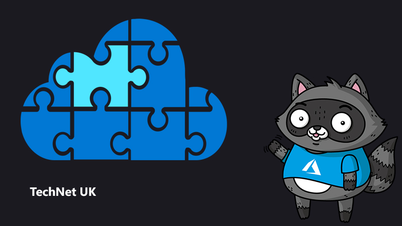 An illustration of a cloud made of puzzle pieces, with a drawing of Bit the Raccoon to the right of the image.
