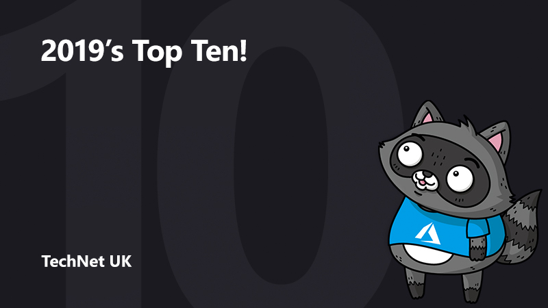 A picture of Bit the Raccoon standing on the right of the image, looking up at text that reads "2019's top ten".