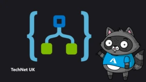 An illustration representing Azure Logic Apps, next to a picture of Bit the Raccoon.
