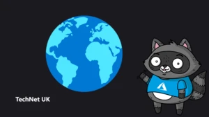 An image of Earth, next to an illustration of Bit the Raccoon.