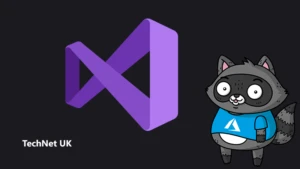 The Visual Studio logo, next to an image of Bit the Raccoon.