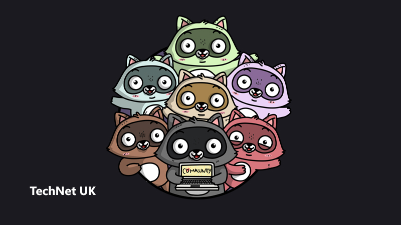 An illustration of Bit the Raccoon holding a laptop, with text reading 'Community' on the screen. Bit is surrounded by six other raccoons of different colours.