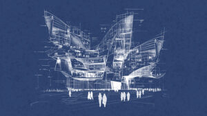 A blueprint sketch of a futuristic structure representing the future firm