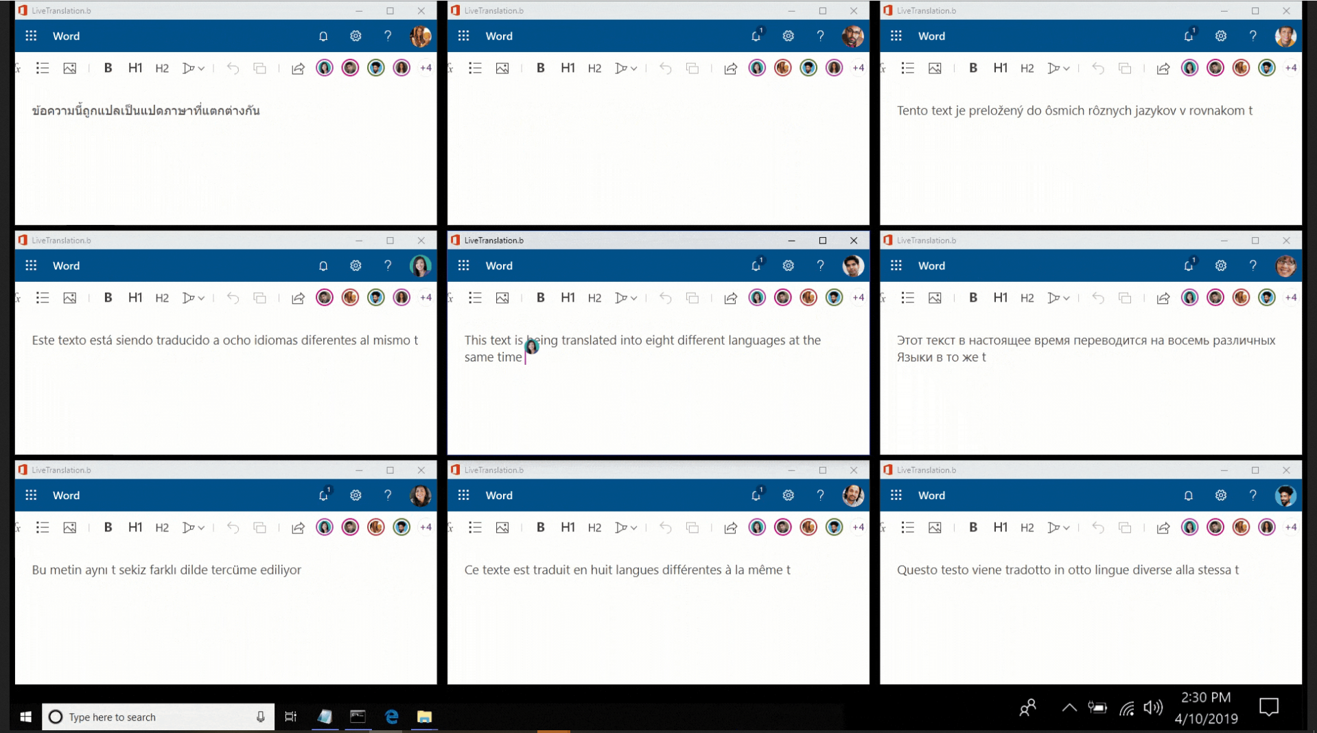 Screenshot of Fluid Framework in action. Live translation happening across nine different screens.