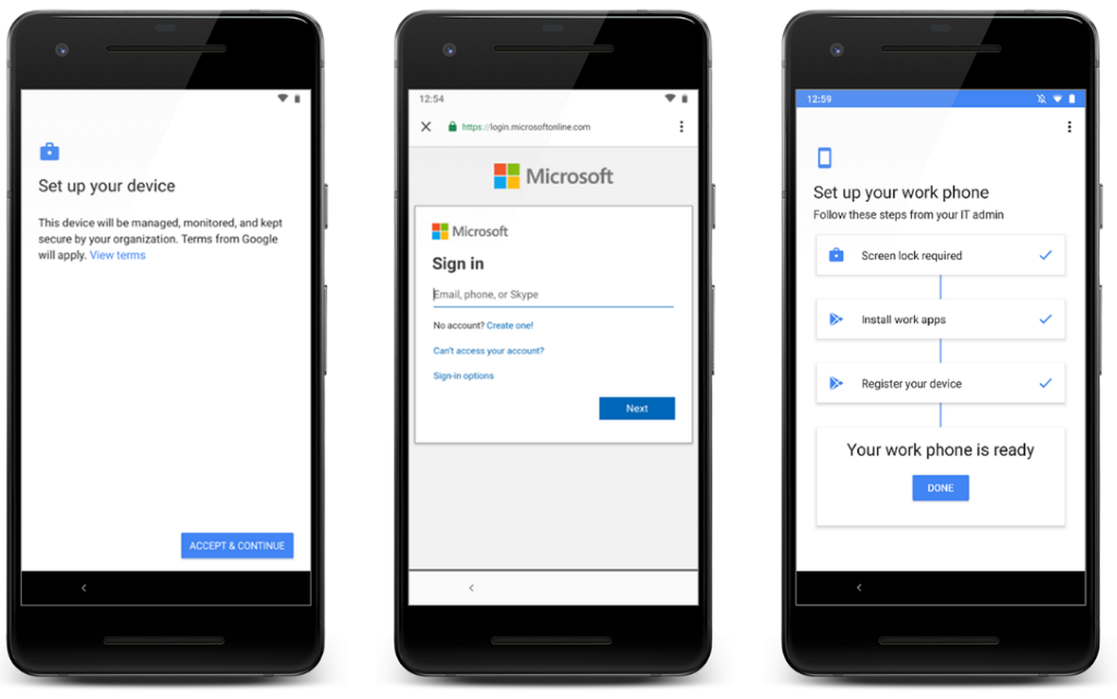Image of three phones side by side setting up a device as a work phone in Microsoft Intune.