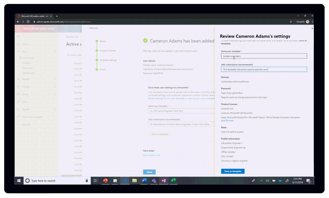 Animated image of a user being added to an engineers list in the Microsoft 365 admin center.