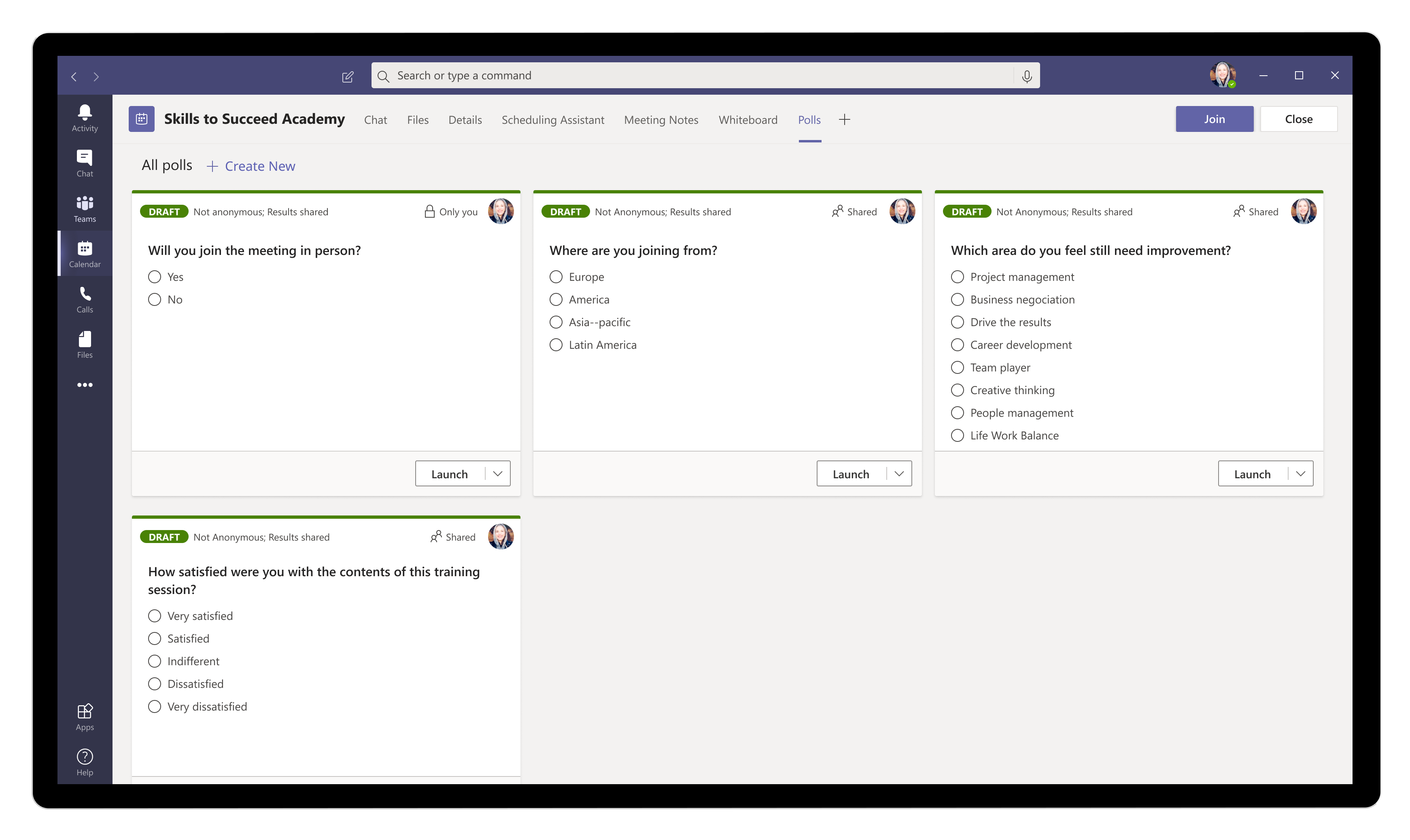 Microsoft Forms integration with Microsoft Teams now brings the power of polls to meetings, here is a sample poll screen.