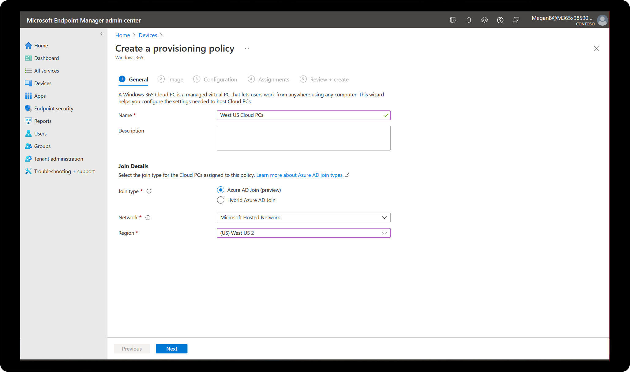 Microsoft Endpoint Manager admin center showing the wizard used to configure settings needed to host Cloud P Cs.