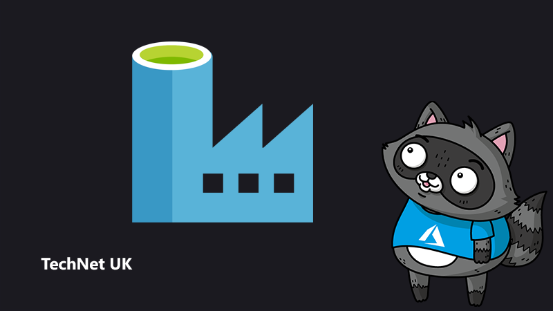 An illustration depicting Azure Data Factory, next to a picture of Bit the Raccoon