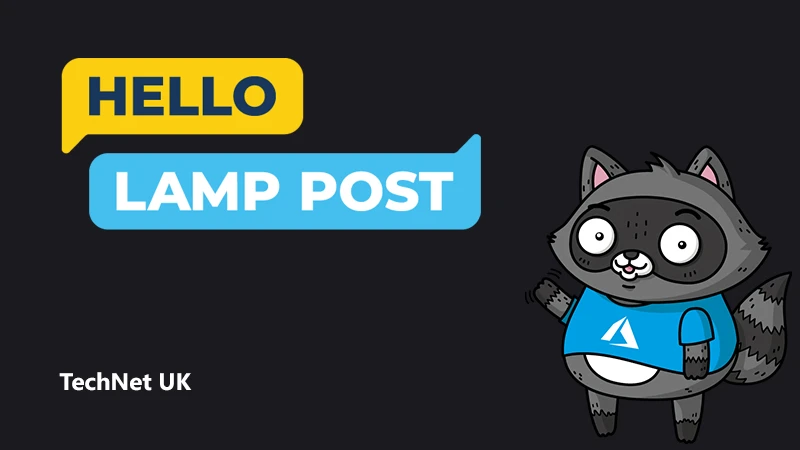 The Hello Lamp Post logo next to an illustration of Bit the Raccoon