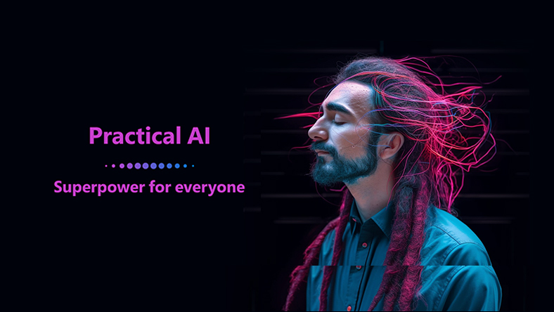 A marketing picture for the practical AI course, where a dark hair bearded man has his eyes closed.