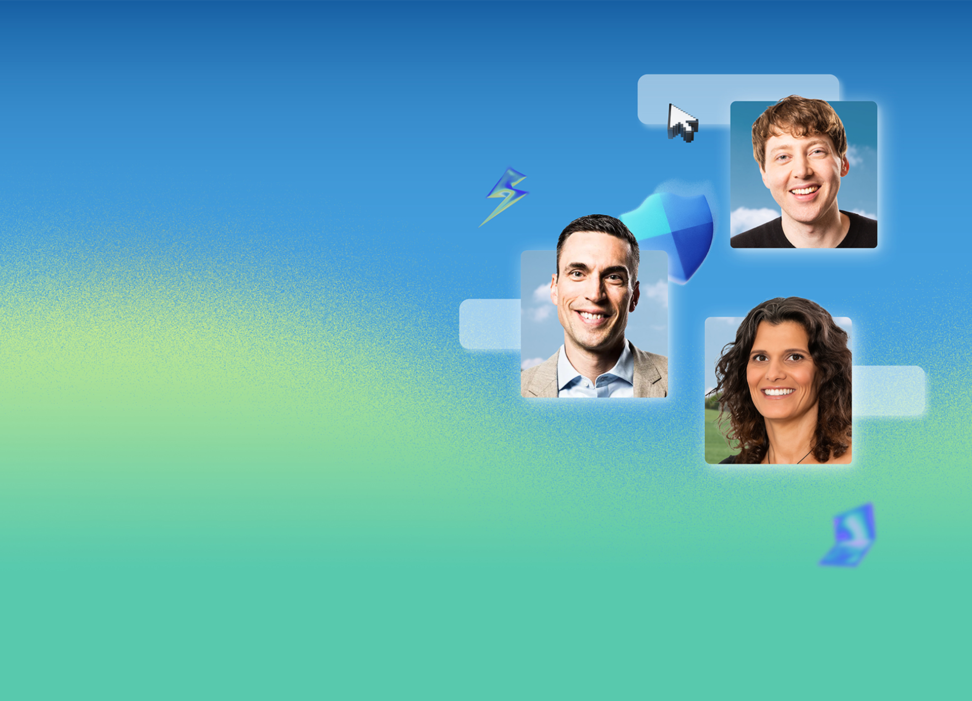 Three smiling headshots on a blue-green gradient background, accented by digital icons including a mouse cursor, lightning bolt, shield, and laptop.