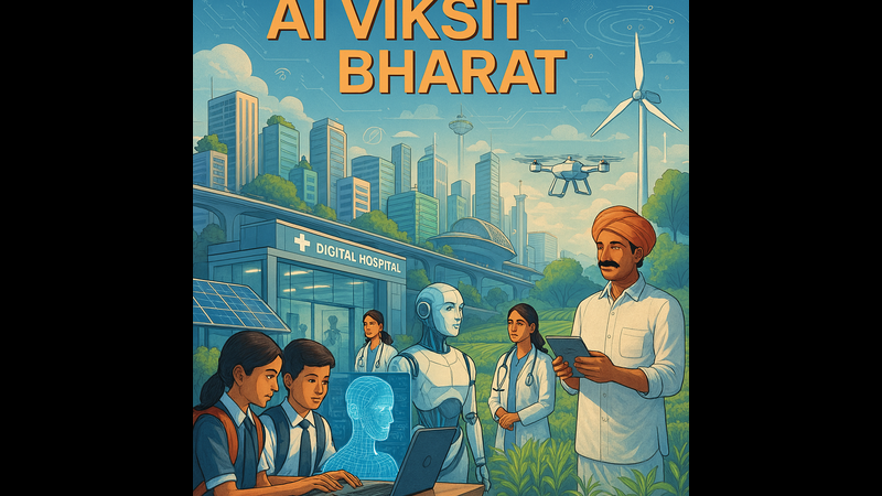 A vertical illustration titled 'AI VIKSIT BHARAT'. It depicts a futuristic digital hospital scene where medical professionals and children interact with a humanoid robot. A large screen displays a holographic human head. In the background, there is a modern city skyline with a drone flying overhead, and a farmer using a tablet in the foreground right.