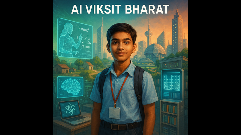 A realistic digital painting titled 'AI VIKSIT BHARAT' featuring a young student in a blue uniform standing confidently in the center. The background depicts a futuristic city with glowing holographic projections of educational content including math equations like E=mc^2, diagrams of a brain and atom, and a periodic table.