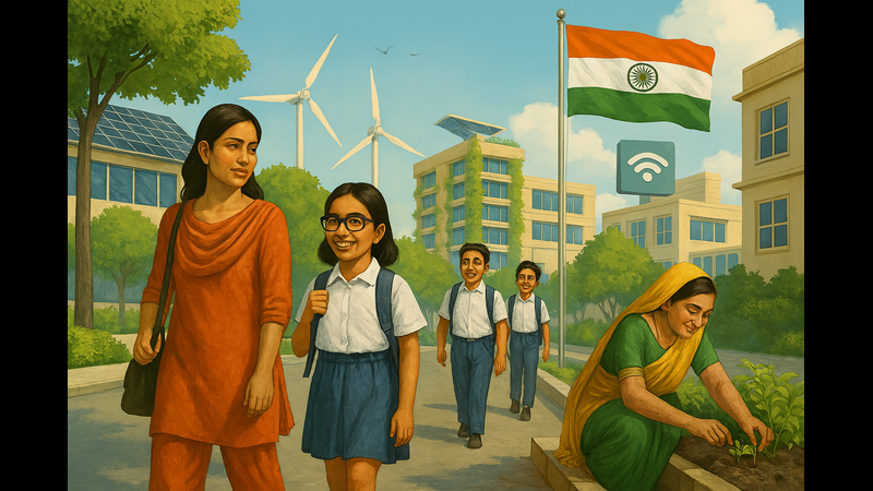 A vibrant illustration of rural-urban development in India. It features a diverse group: a woman in orange traditional attire, school children in uniforms, and a woman farming. The background showcases renewable energy with wind turbines and solar panels, a school building, the Indian flag, and a floating WiFi symbol indicating connectivity.