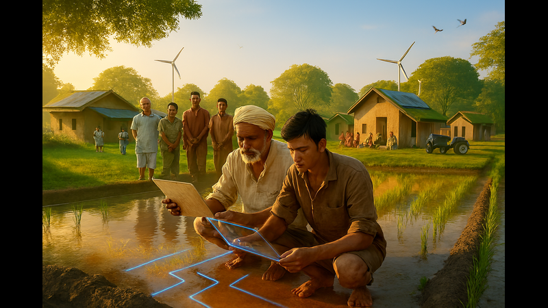 A realistic rural scene showing men examining a transparent digital tablet in a flooded paddy field. In the background, there are mud houses with solar panels on their roofs and wind turbines, suggesting a blend of traditional village life with modern sustainable technology.