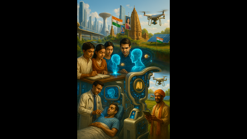 A detailed vertical illustration showing students and professionals utilizing advanced technology. A central group of students studies a holographic projection of solar systems and human heads. Below them, doctors examine a patient with a brain scan interface. A farmer uses a tablet in a solar-powered field. Drones fly above a landscape that blends modern city infrastructure with traditional heritage sites.