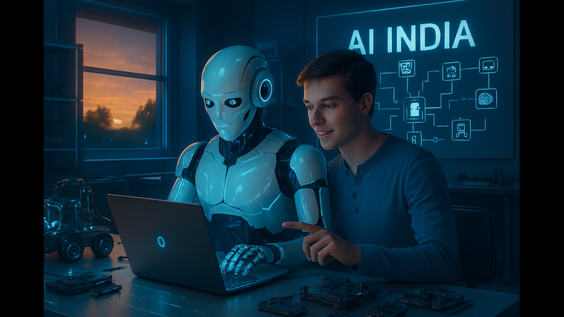 A cinematic digital art piece titled 'AI INDIA' showing a young man and a humanoid robot collaborating at a desk with a laptop. The setting mimics a high-tech lab with blue lighting and a window looking out to a sunset. A schematic diagram on the wall illustrates network connections.