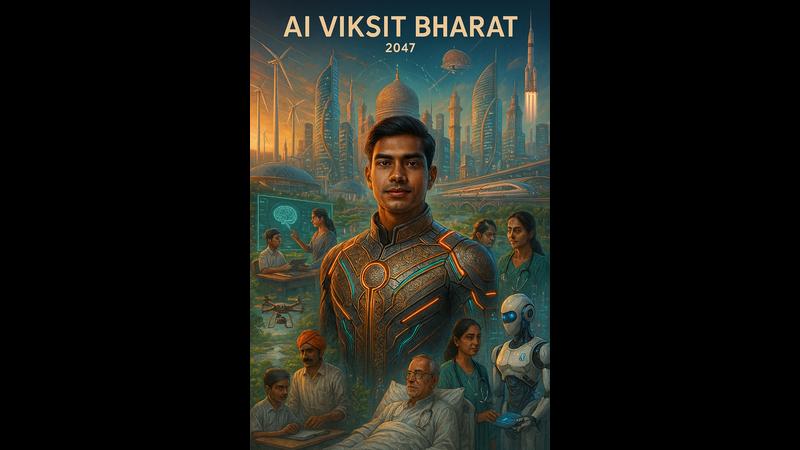 A cinematic poster titled 'AI VIKSIT BHARAT 2047'. It centers on a young man in a futuristic suit. Surrounding him are vignettes of Indian life: a doctor treating a patient, a farmer in a field, a student with a holographic brain, and a robot. The background features a futuristic cityscape with a rocket launching.