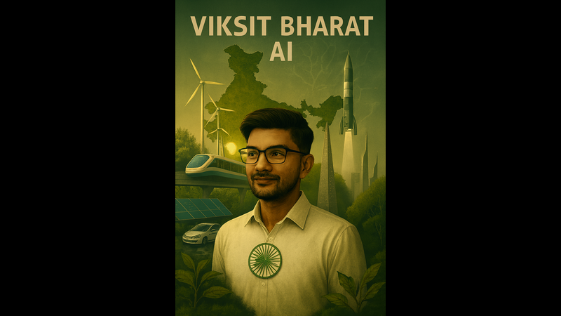 A portrait-style illustration titled 'VIKSIT BHARAT AI' in green and gold tones. A young man with glasses and a white shirt stands in the center, wearing a badge with the Ashoka Chakra. The background blends a map of India with wind turbines, a high-speed train, a rocket, and modern buildings.