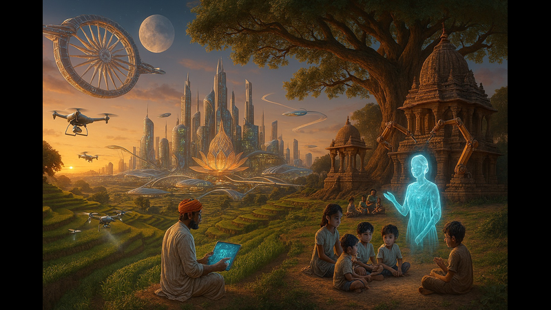 A landscape scene blending tradition with high technology. A group of children sits on the ground under a large tree, listening to a glowing blue holographic woman. To the left, a farmer uses a tablet in a field while drones spray crops. In the background, a futuristic city with curved skyscrapers and flying vehicles contrasts with an ancient stone temple structure on the right where robotic arms are working.
