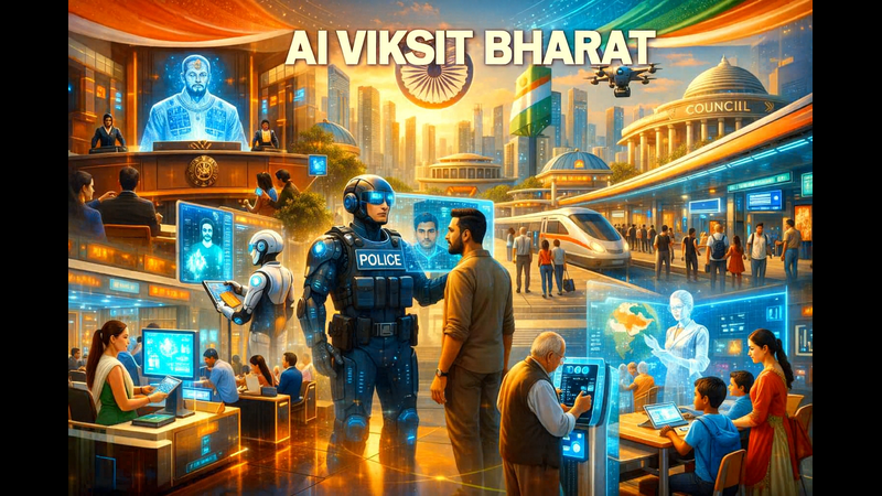 AI VIKSIT BHARAT. A busy futuristic transit hub or government center. In the foreground, a police officer in advanced armor with "POLICE" written on the chest uses a holographic interface to scan a man. Behind them, people use digital kiosks and holographic screens. A large screen on a building displays a man's face. A high-speed train is at the station. Overhead drones fly near the "COUNCIL" building.